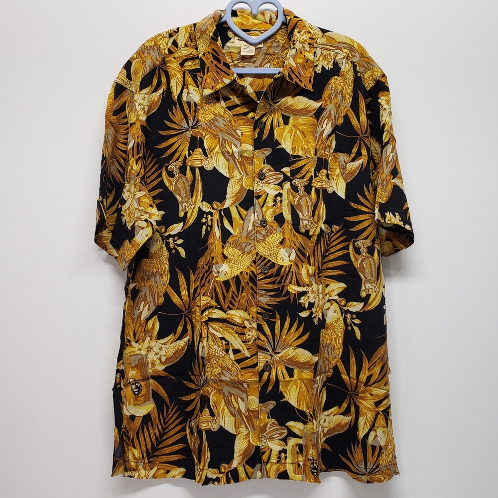 Panama Jack Mens Large Black Gold Tropical Parrot Hawaiian Button Up Shirt